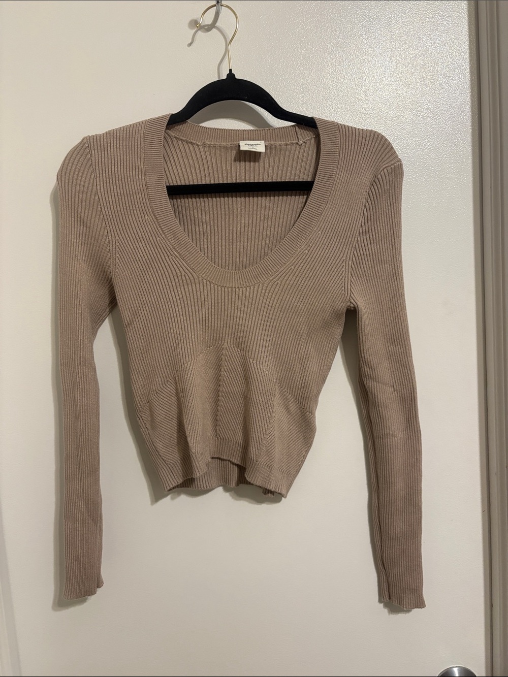 Abercrombie & Fitch Beige Ribbed Scoop Neck Long Sleeve Top